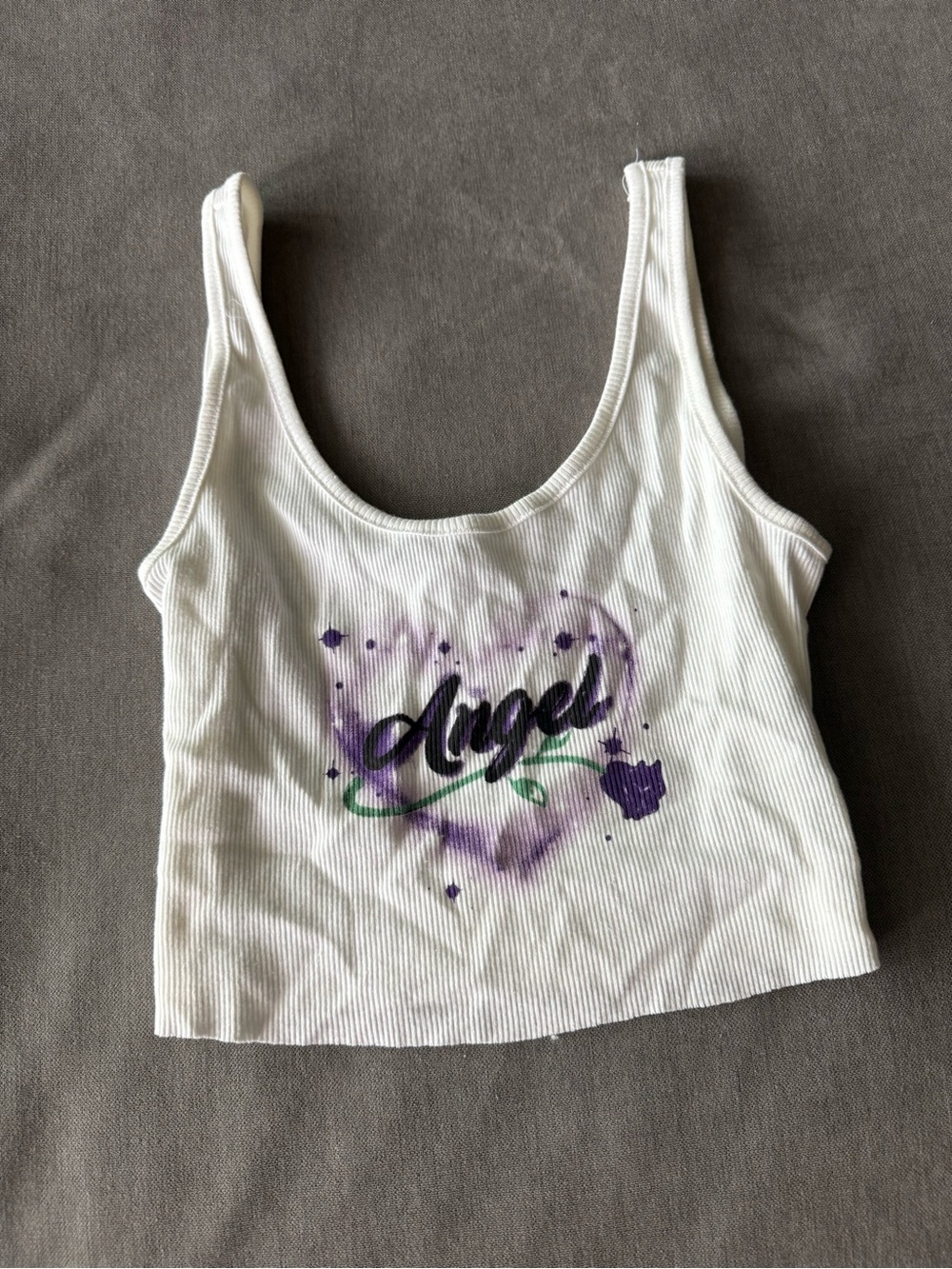 Garage White Ribbed Crop Tank with Purple 'Angel' Graphic